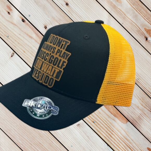 Disc Golf Leather Patch Hat Custom Trucker Hat Always Disc Golfing Blk/Org - Picture 4 of 6